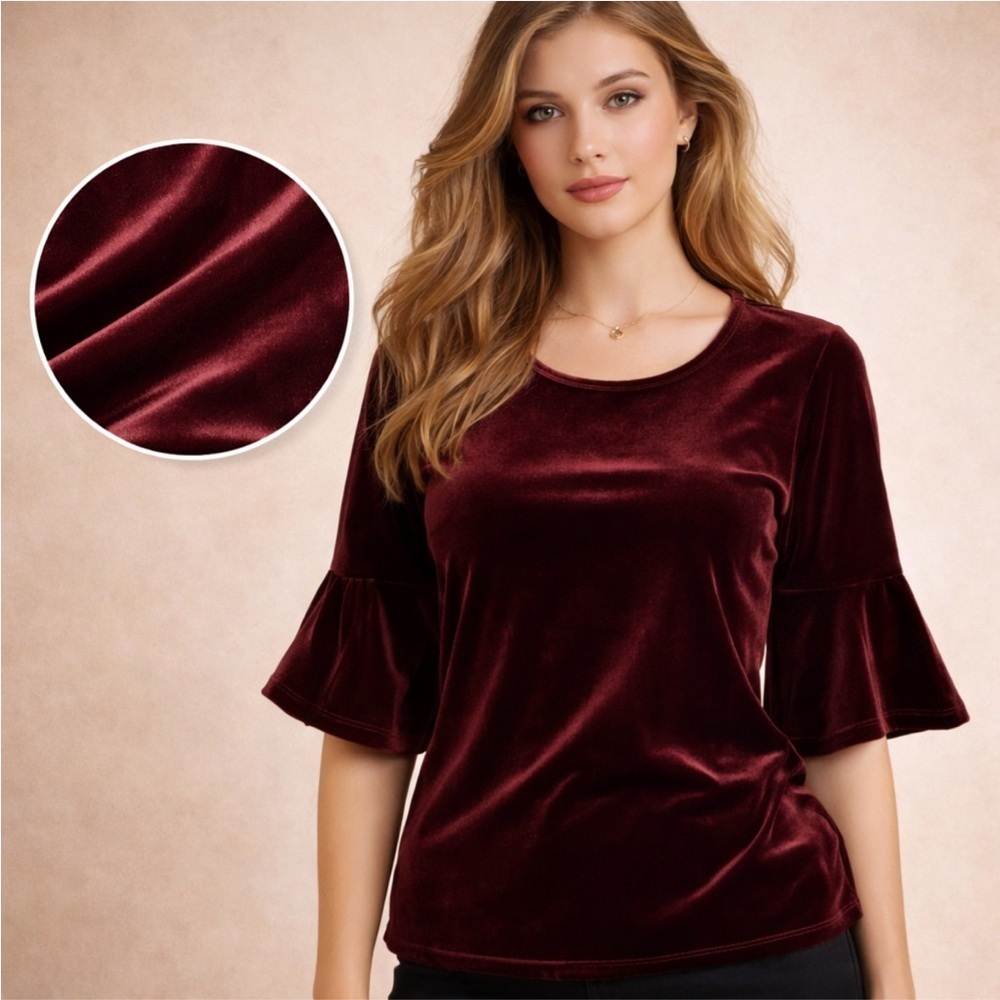 CeCe Burgundy Velvet Bell Sleeve Top | Women’s Medium | Luxe Holiday Blouse